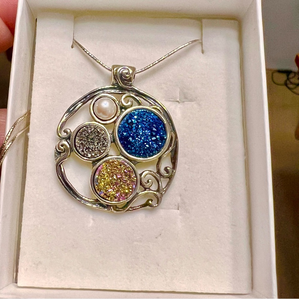 Ross-Simons Druzy Quartz with Pearl Pendant Necklace in Sterling Silver